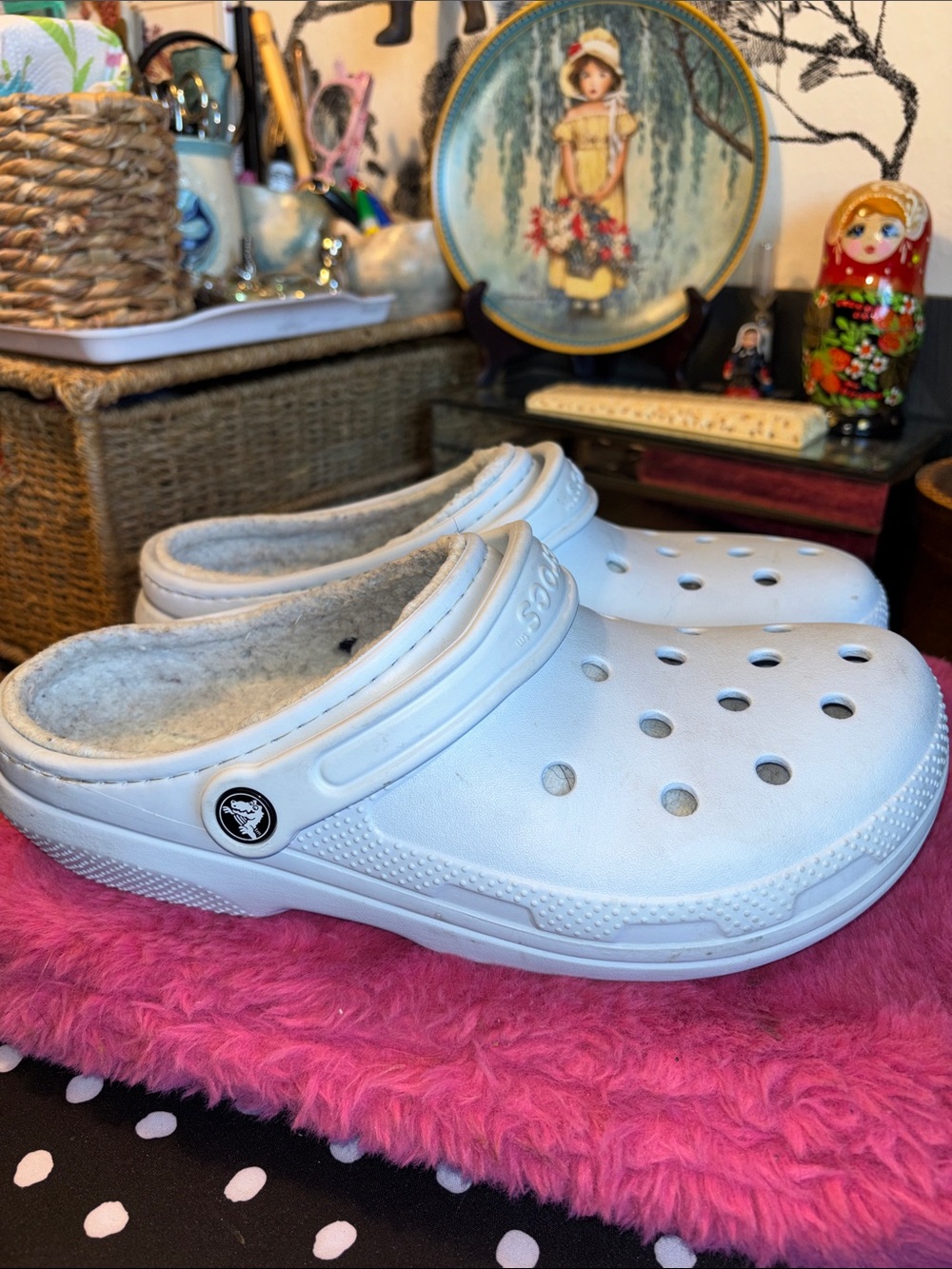 Baby Blue Crocs Classic Lined Clogs feature a cozy faux-fur lining size wom